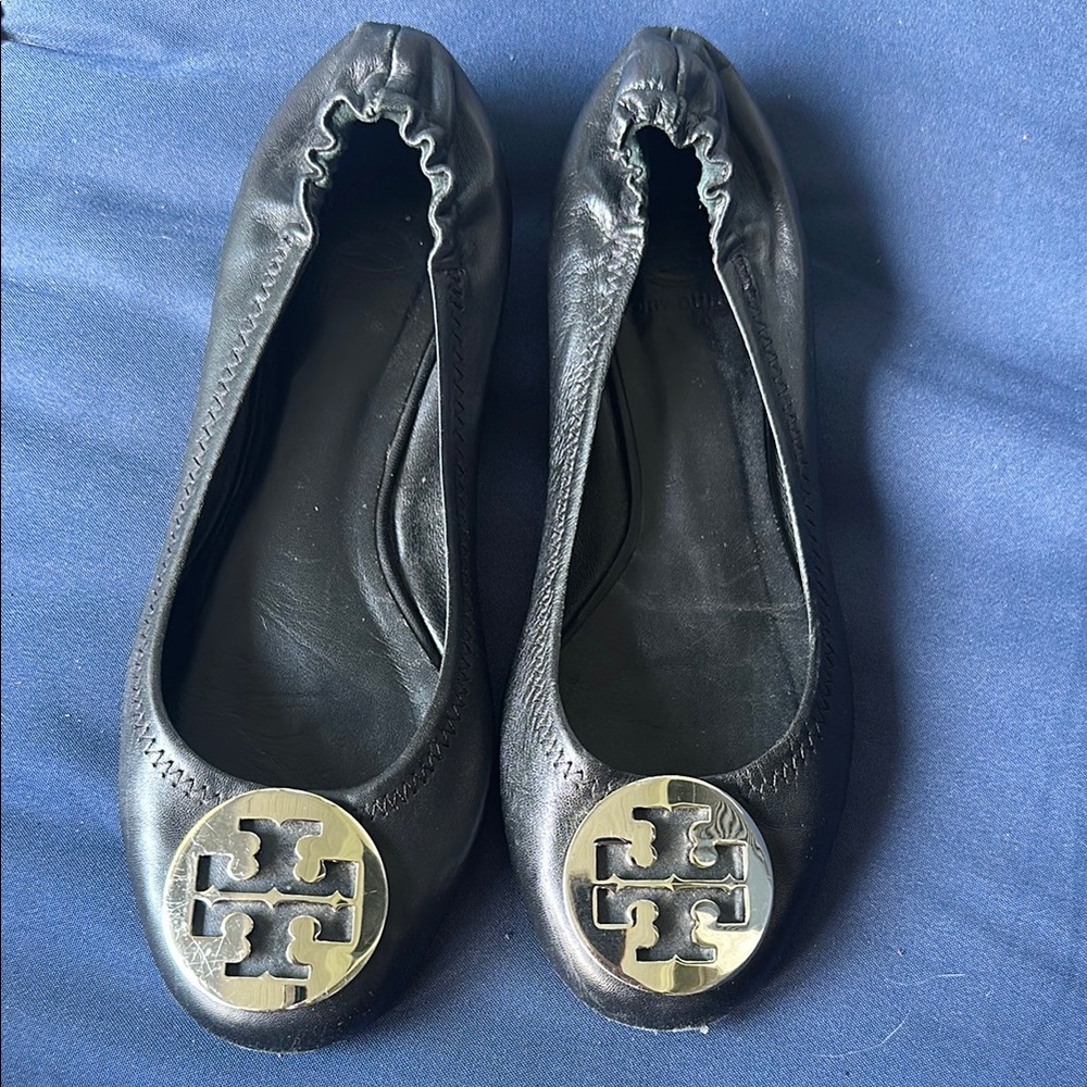 Tory Burch Black Flats with Gold Logo